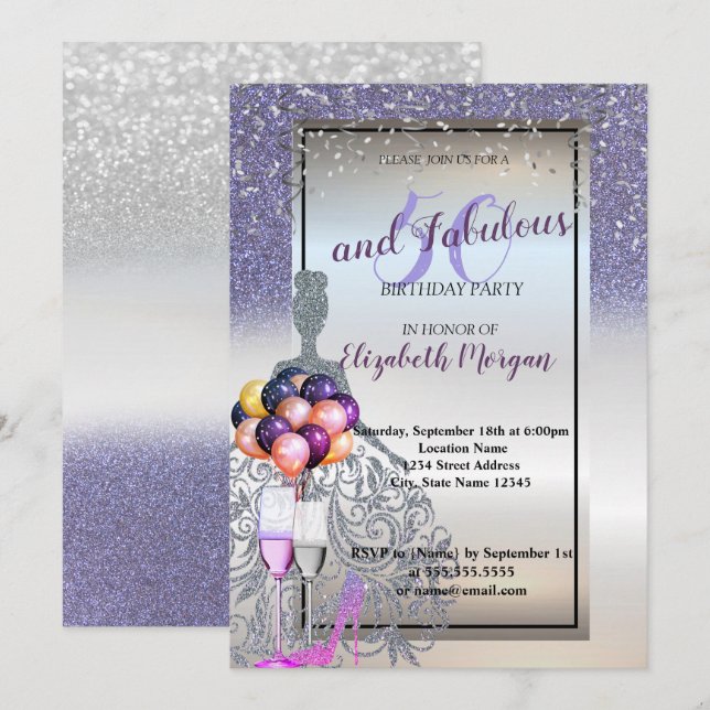 Invitación Vestido Purpurina violeta plateado, 50 cumpleaños (Anverso / Reverso)