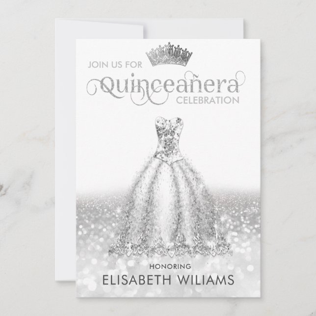 Invitación vestido purpurinoso Guay Silver tiara Quinceañera (Anverso)