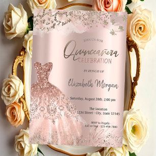 Invitación Vestido Quinceañera de lentejuelas de oro rosa con