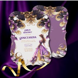 Invitación Vestido Quinceañera de oro morado