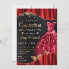 Invitación Vestido Quinceañera de Purpurina Dorada y Rojo Acu