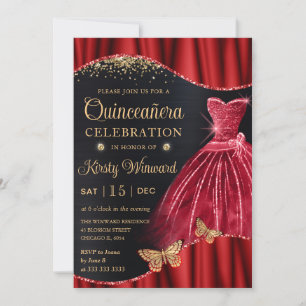 Invitación Vestido Quinceañera de Purpurina Dorada y Rojo Acu