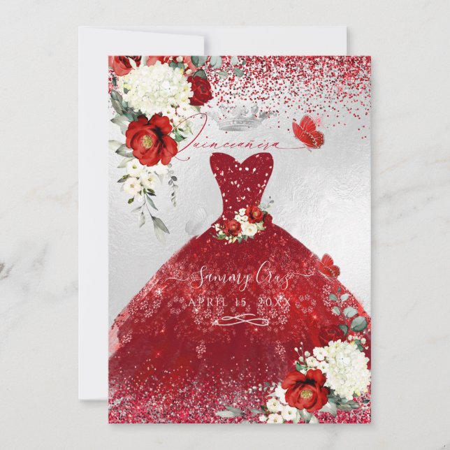 Invitación Vestido Quinceanera de rosas rojas PixDezines (Anverso)