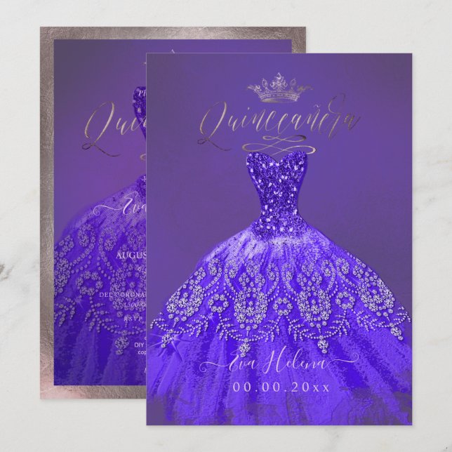 Invitación Vestido Quinceañera, Princesa Purpura Brillante (Anverso / Reverso)