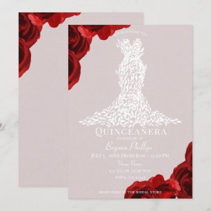 Invitación Vestido Quinceañera Rosas Rojas Hojas Blancas Colo