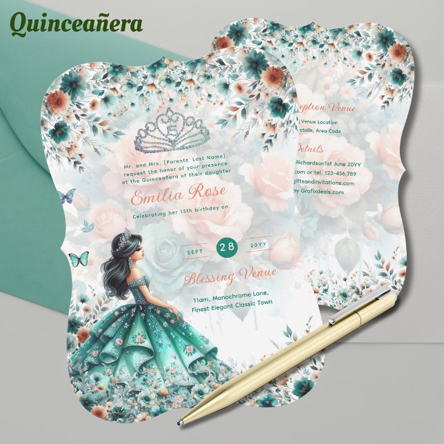 Invitación Vestido Quinceanera Verde Turquesa Mariposa Floral (Subido por el creador)