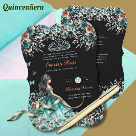 Invitación Vestido Quinceanera Verde Turquesa Mariposa Floral