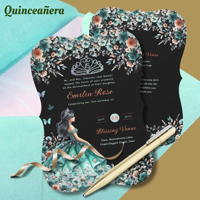 Invitación Vestido Quinceanera Verde Turquesa Mariposa Floral (Subido por el creador)