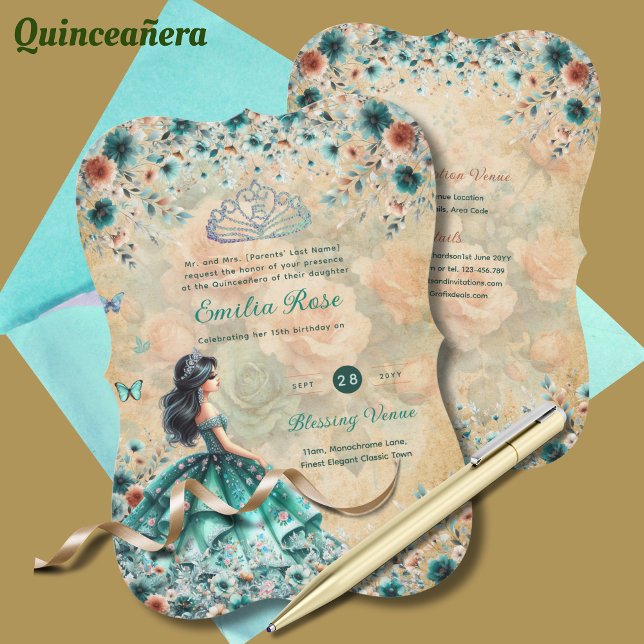 Invitación Vestido Quinceanera Verde Turquesa Mariposa Floral (Subido por el creador)