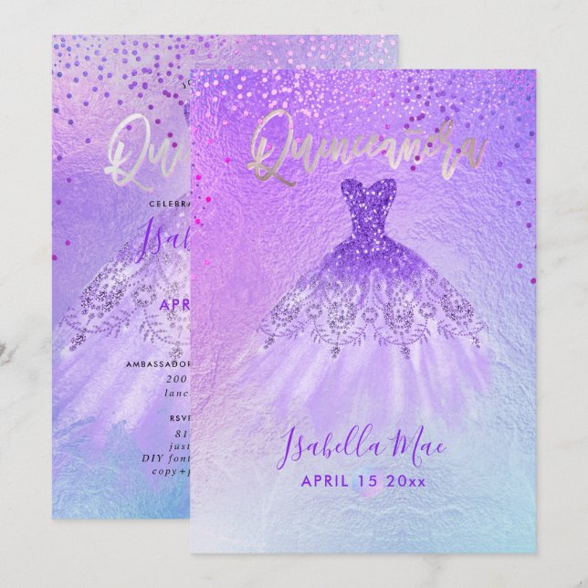 Invitación Vestido Quinceañera Violeta+Azul+Confeti (Anverso / Reverso)