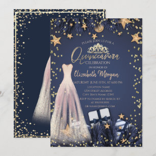 Invitación Vestido, Ramas, Diamantes Quinceañera Azul Marino