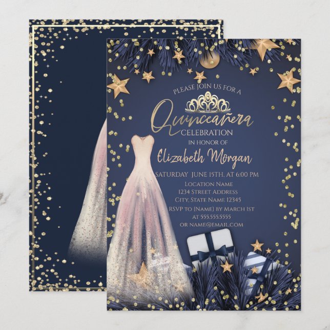 Invitación Vestido, ramas, marina de diamantes azul Quinceañe (Anverso / Reverso)