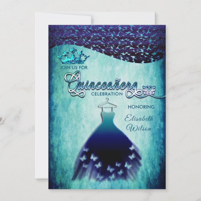 Invitación Vestido real azul vintage damask tiara Quinceañera (Anverso)