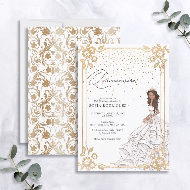 Invitación Vestido real blanco y dorado Quinceanera Cumpleaño (Subido por el creador)
