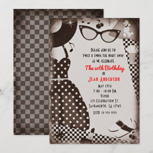 Invitación Vestido Retro Vintage Blanco Negro de los Años 50