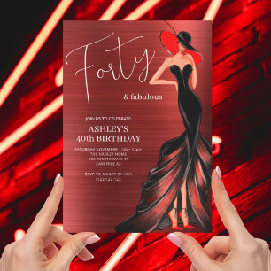 Invitación Vestido Rojo 40 y Elegante Cumpleaños