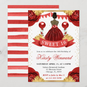 Invitación Vestido Rojo Acuarela Princesa de Piel Oscura Swee