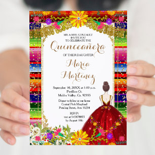 Invitación Vestido Rojo Borgoña Colorido Floral Quinceañera