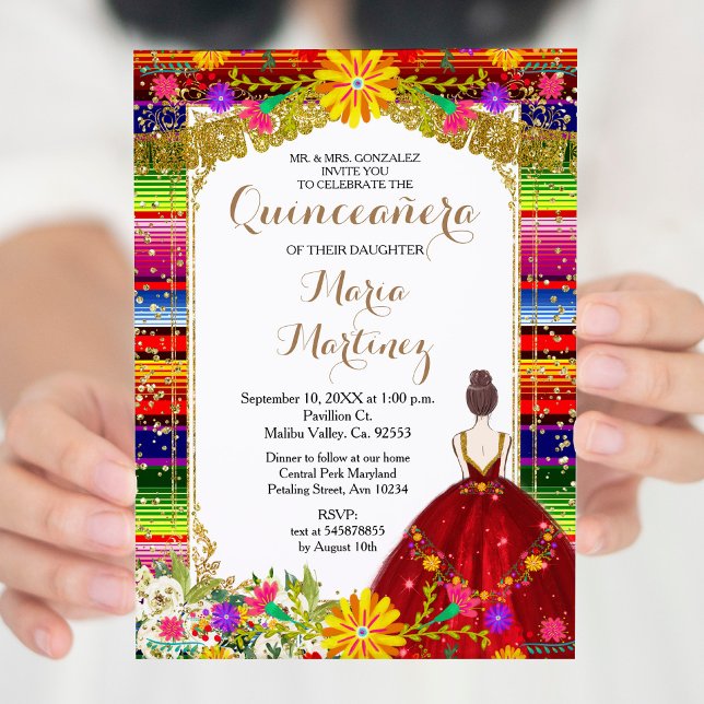 Invitación Vestido Rojo Borgoña Colorido Floral Quinceañera (Subido por el creador)