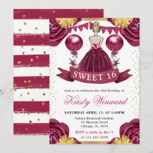 Invitación Vestido Rojo Burdeos Cabello Rubio Princesa Dulces