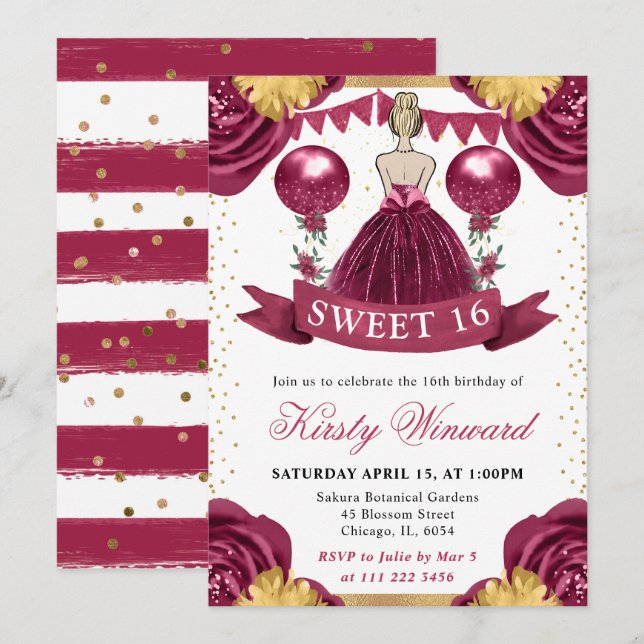 Invitación Vestido Rojo Burdeos Cabello Rubio Princesa Dulces (Anverso / Reverso)