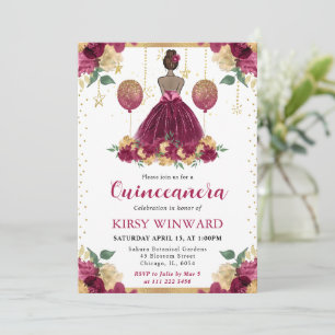 Invitación Vestido Rojo Burdeos Princesa de Piel Oscura Quinc
