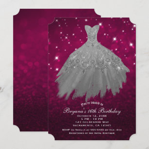 Invitación Vestido Rojo Burdeos y Plata Brillo Fiesta Dulces 