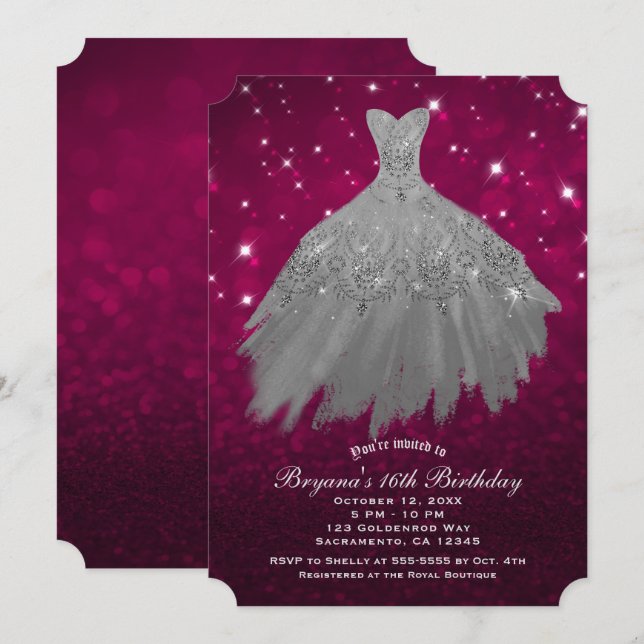 Invitación Vestido Rojo Burdeos y Plata con Brillo Fiesta Dul (Anverso / Reverso)