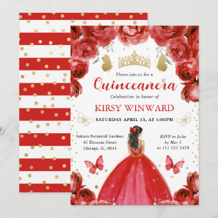 Invitación Vestido Rojo Cabello Castaño Princesa Quinceañera