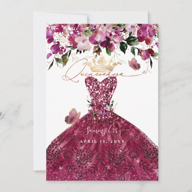 Invitación Vestido Rojo Cereza Quinceañera de PixDezines (Anverso)