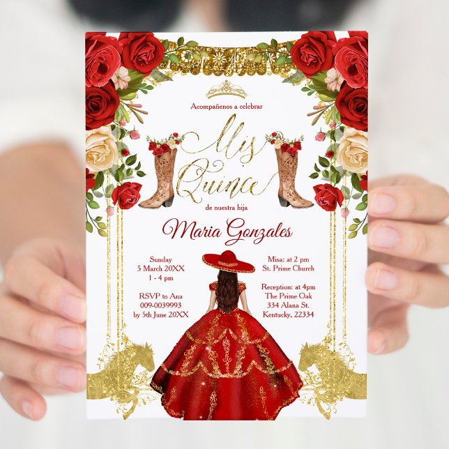 Invitación Vestido rojo Charro y botas Mis Quince mexicano (Subido por el creador)