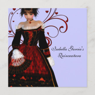 Invitación Vestido Rojo Corazones Girando Quinceañera Púrpura