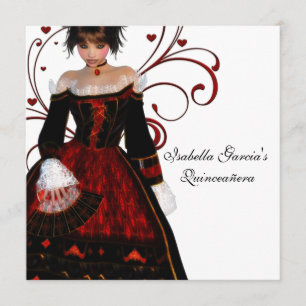 Invitación Vestido Rojo Corazones Remolinos Elegante Quinceañ