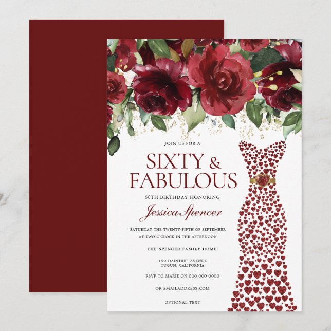 Invitación Vestido rojo de Borgoña 60 y fabuloso cumpleaños 6 (Anverso / Reverso)