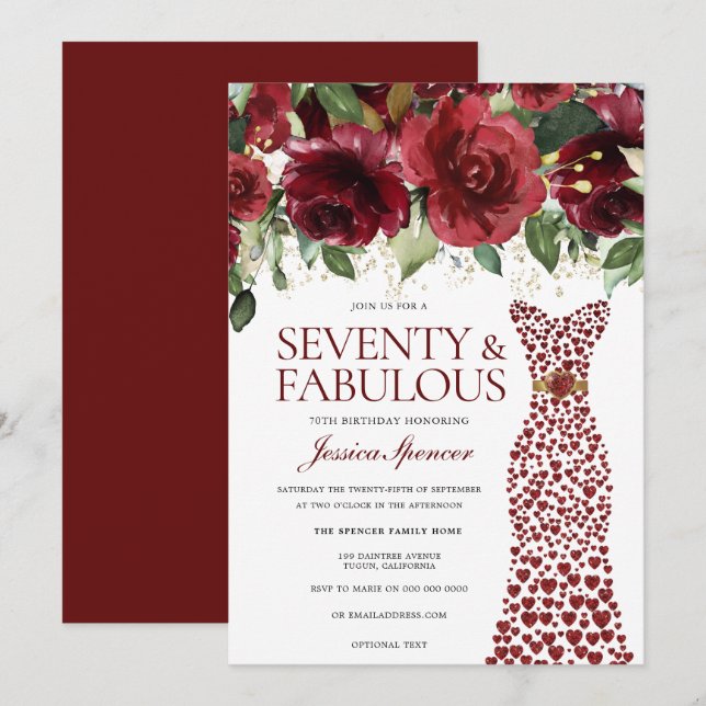 Invitación Vestido rojo de Borgoña 70 y fabuloso cumpleaños 7 (Anverso / Reverso)