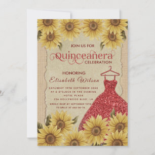 Invitación Vestido rojo de girasol vintage Linden Quinceañera