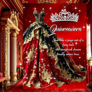 Invitación Vestido Rojo Dorado Negro Fiesta de Cumpleaños Qui