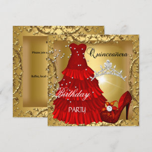 Invitación Vestido Rojo Dorado para Fiesta de Quinceañera Cum