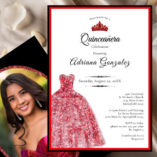 Invitación Vestido rojo elegante cumpleaños 15 Quinceañera
