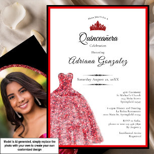Invitación Vestido rojo elegante cumpleaños 15 Quinceañera