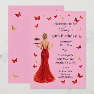 Invitación Vestido rojo elegante y mariposas Cumpleaños 40