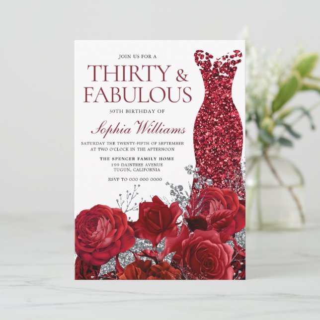 Invitación Vestido rojo espumoso y Rosas 30 Fiesta de cumplea (Anverso de pie)