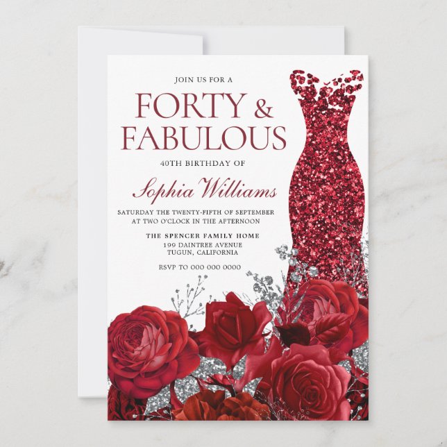 Invitación Vestido rojo espumoso y Rosas 40 Fiesta de cumplea (Anverso)