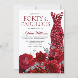 Invitación Vestido rojo espumoso y Rosas 40 Fiesta de cumplea