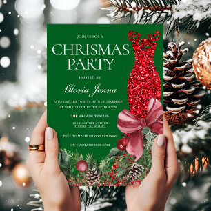 Invitación Vestido Rojo Fiesta Navideña Festiva Verde