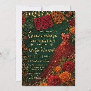 Invitación Vestido Rojo Floral Fiesta Mexicana Quinceañera