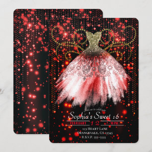 Invitación Vestido Rojo Negro Dorado Brillo Fiesta Dulces 16