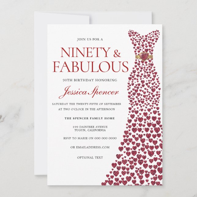 Invitación Vestido Rojo Noventa y fabulosa fiesta de cumpleañ (Anverso)