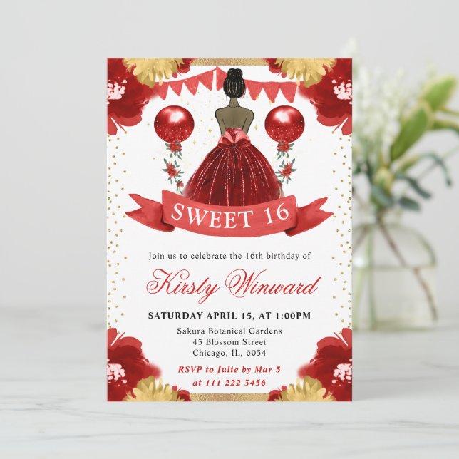 Invitación Vestido Rojo Piel Oscura Princesa Dulces 16 (Anverso de pie)