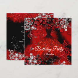 Invitación Vestido Rojo Plumas Fiesta de Cumpleaños Plata